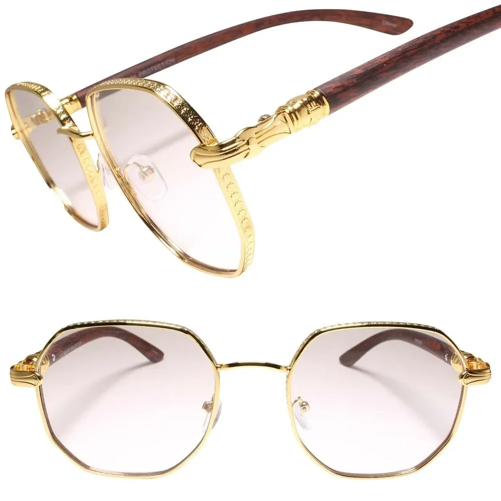 Gold Elegant Ornate Frame Faux Wood Temple Square Clear Lens Glasses